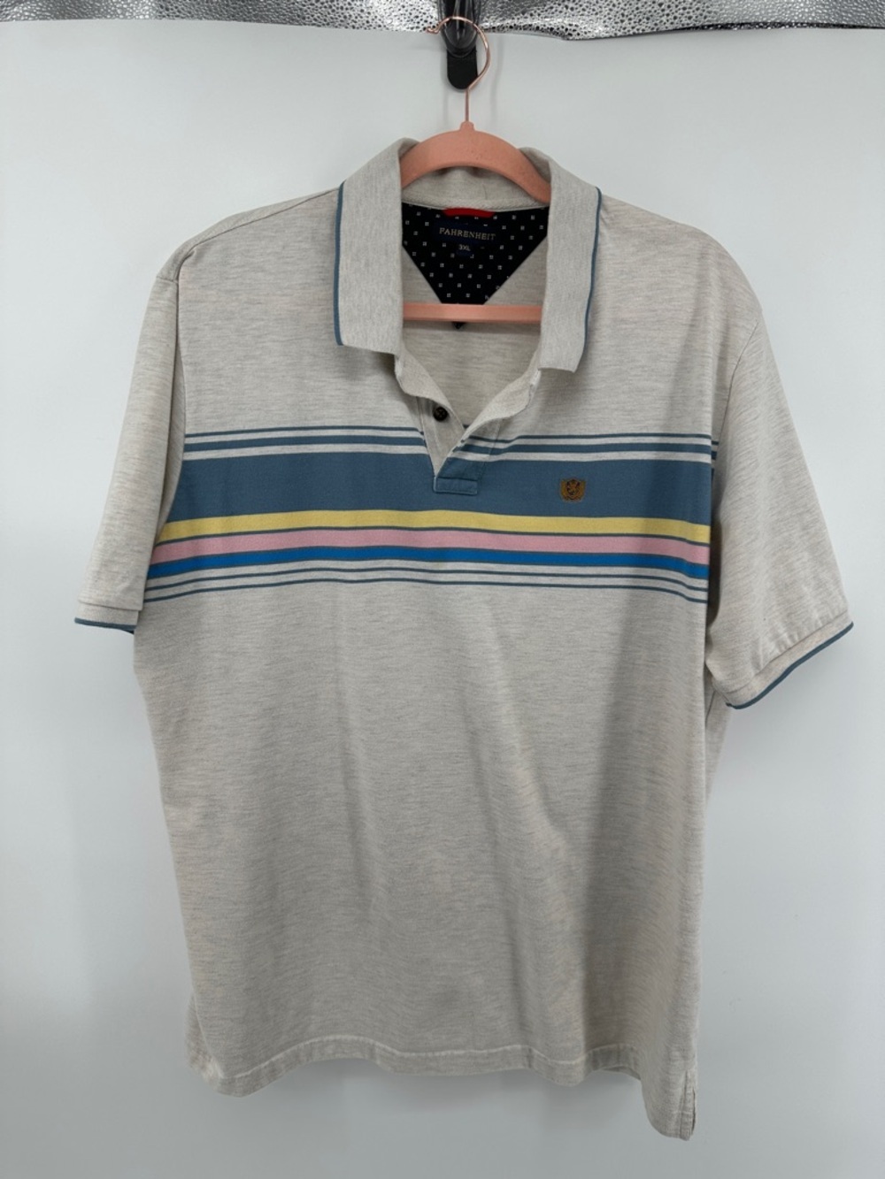 Fahrenheit Coastal Retro‎ Surf Golf Athleisure Light Gray W/Stripes Polo Sz3XL